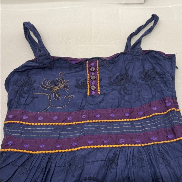 Viola Embroidered 100% Cotton Navy with gold & purple Sleeveless Dress size 2 - Picture 5 of 11